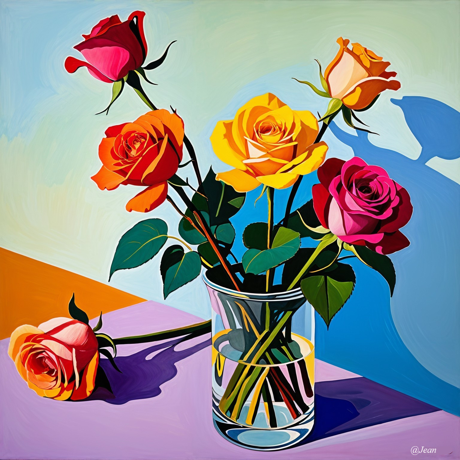 Vibrant Still Life of Colorful Roses in Glass Vase