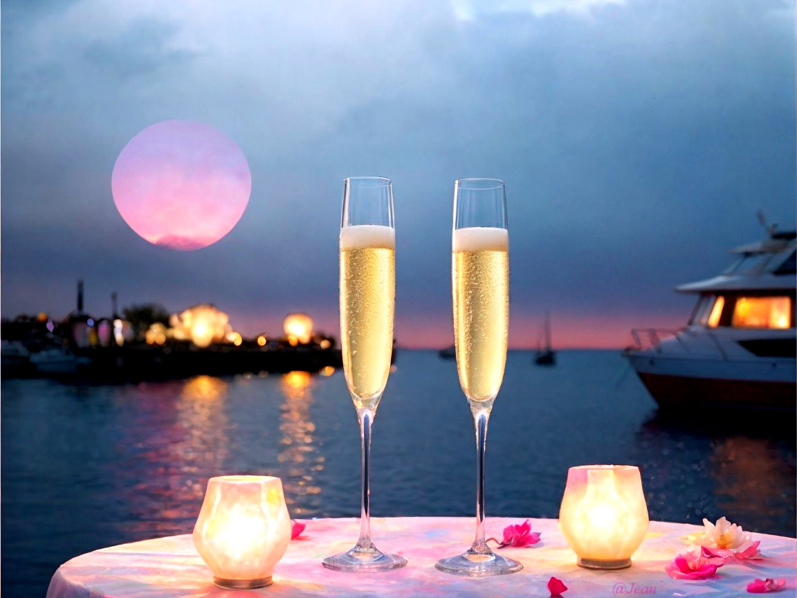 Elegant Table Setting with Champagne and Sunset View