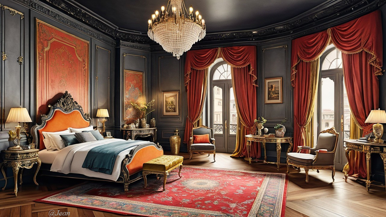 Luxurious Bedroom with Elegant Blue and Orange Decor