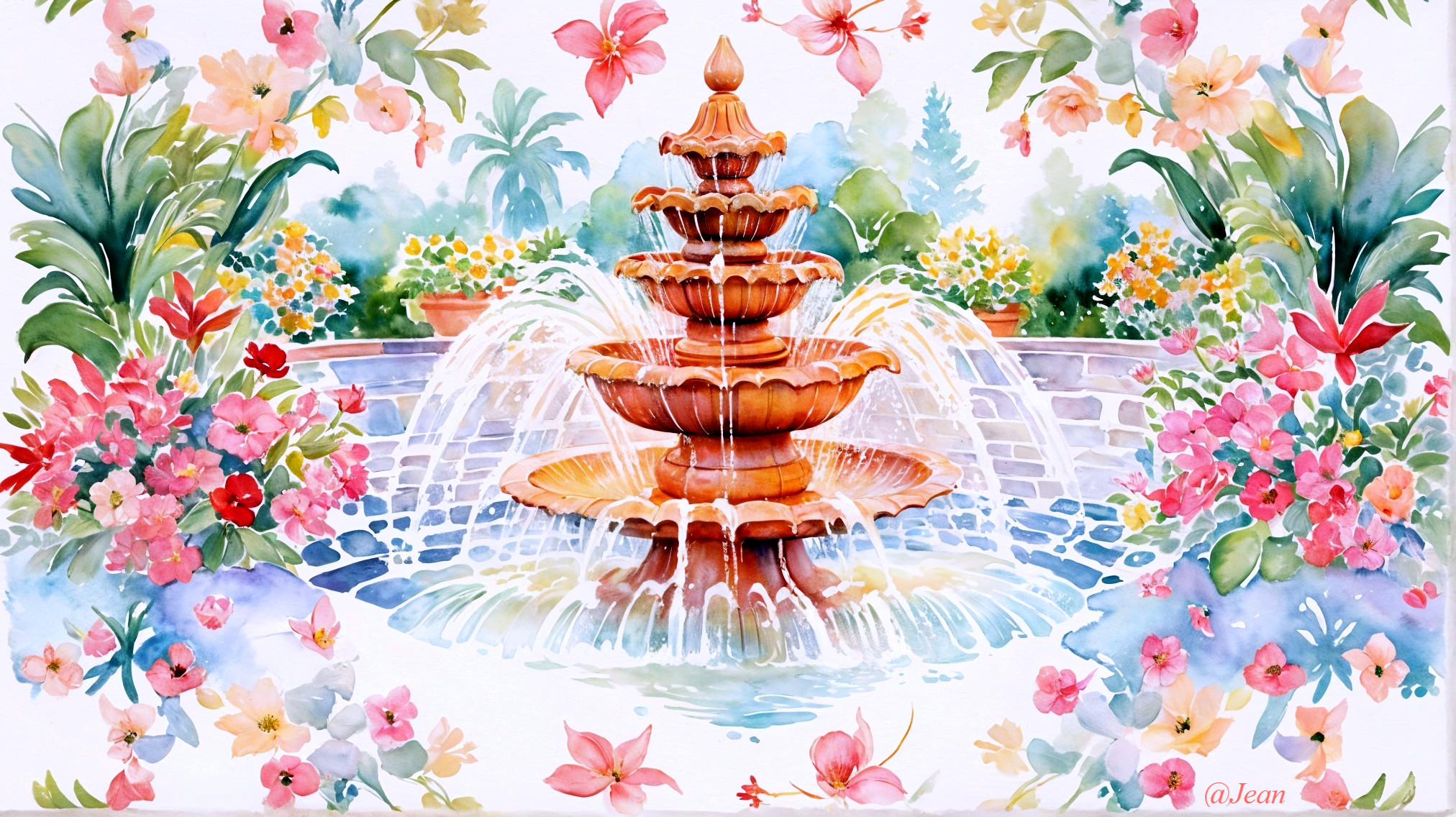 Vibrant Watercolor of a Tiered Fountain and Flowers