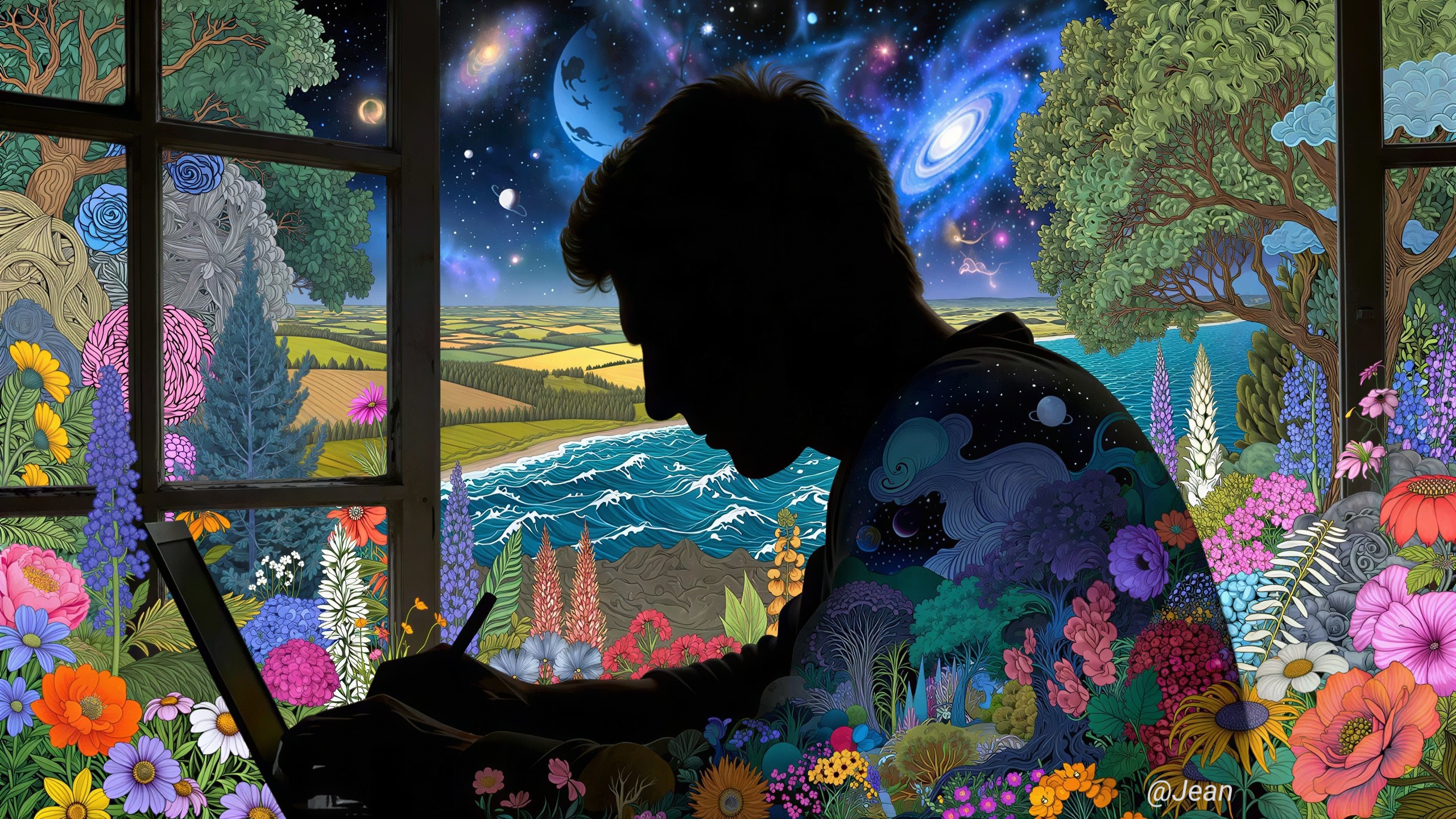 Surreal Storybook Illustration of a Young Man Drawing