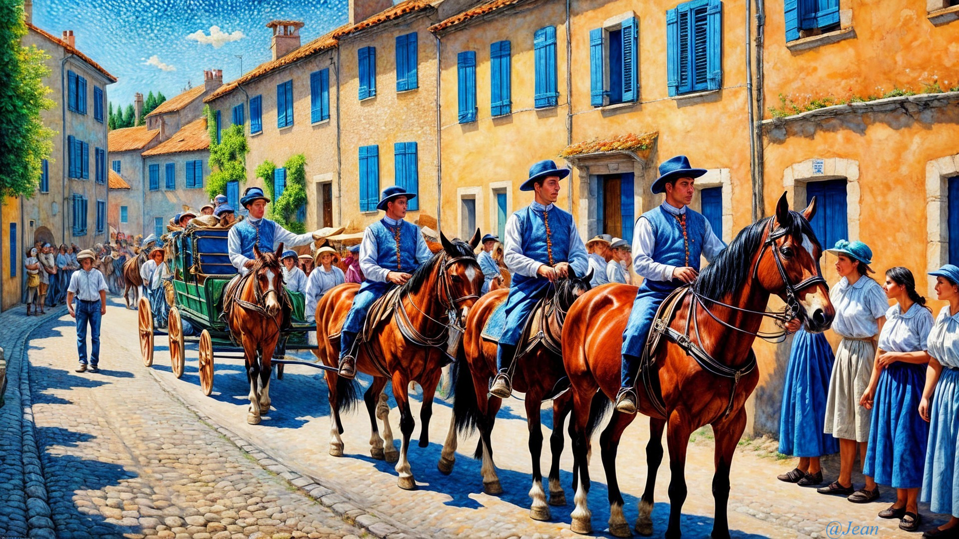 Vibrant Street Scene with Horsemen and Carriage