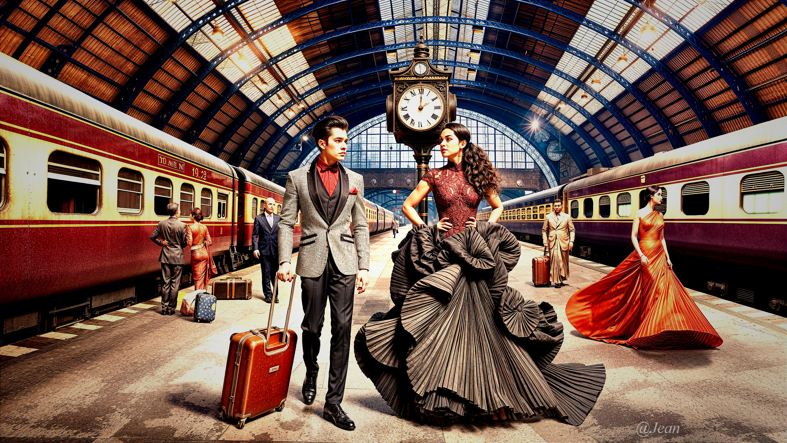 Bustling Train Station with Elegant Fashion and Architecture