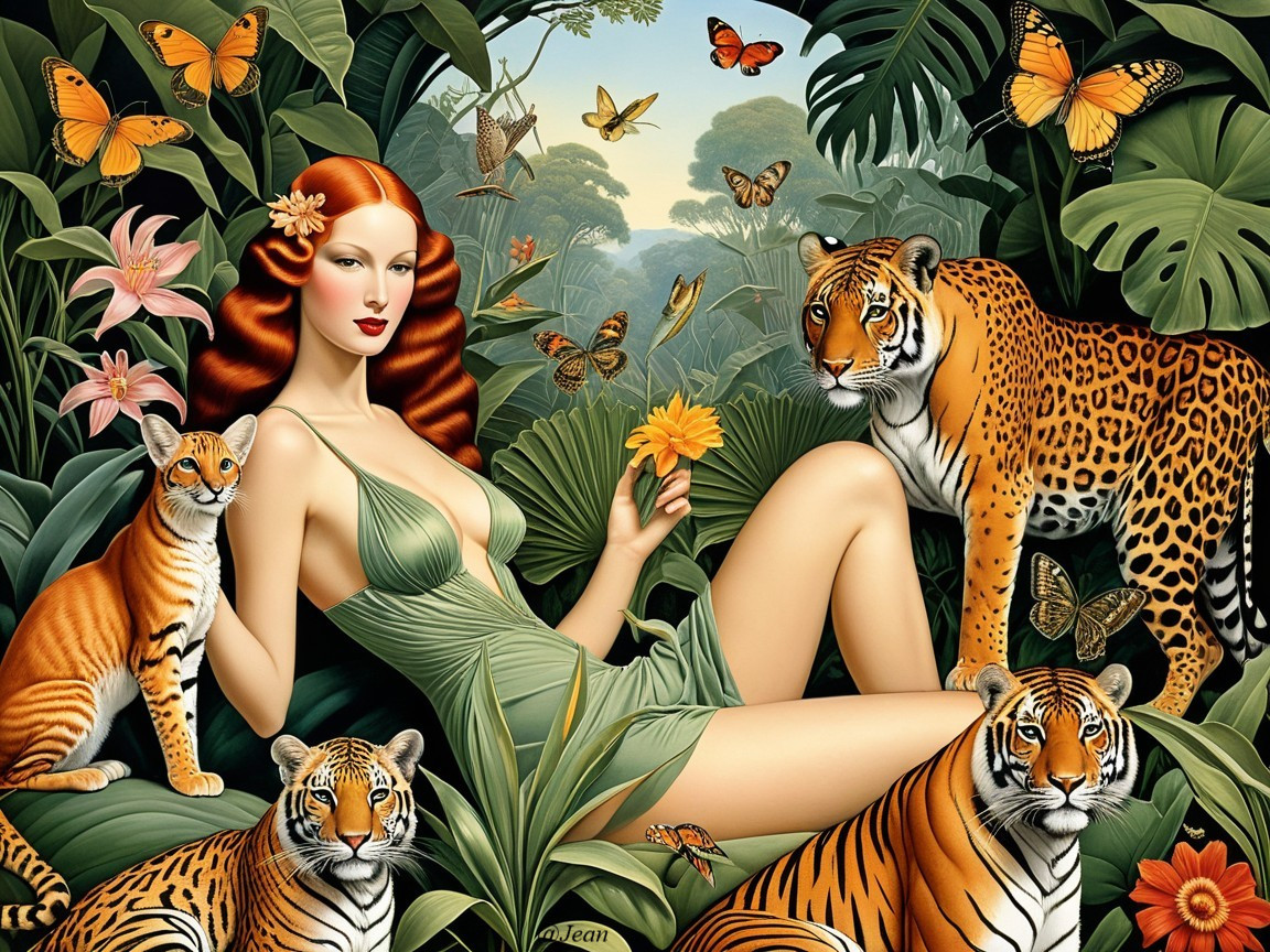 Woman in Green Dress Surrounded by Jungle Wildlife