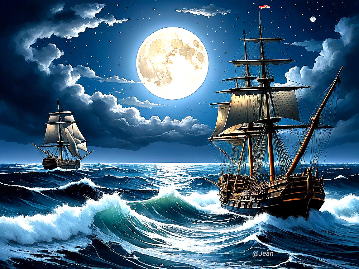 Dramatic Night Scene of Sailing Ships Under Moonlight