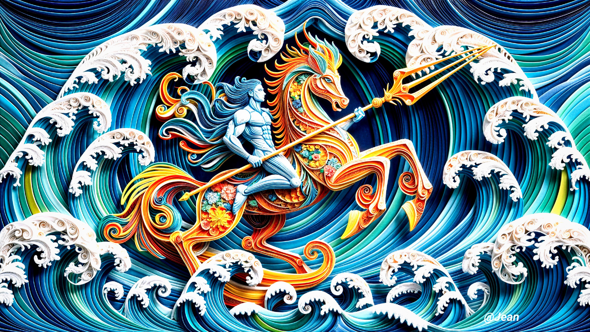 Heroic Figure on Horse Amid Ocean Waves and Colors