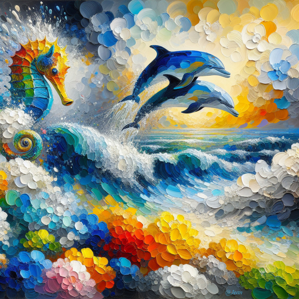Vibrant Underwater Scene with Dolphins and Seahorse