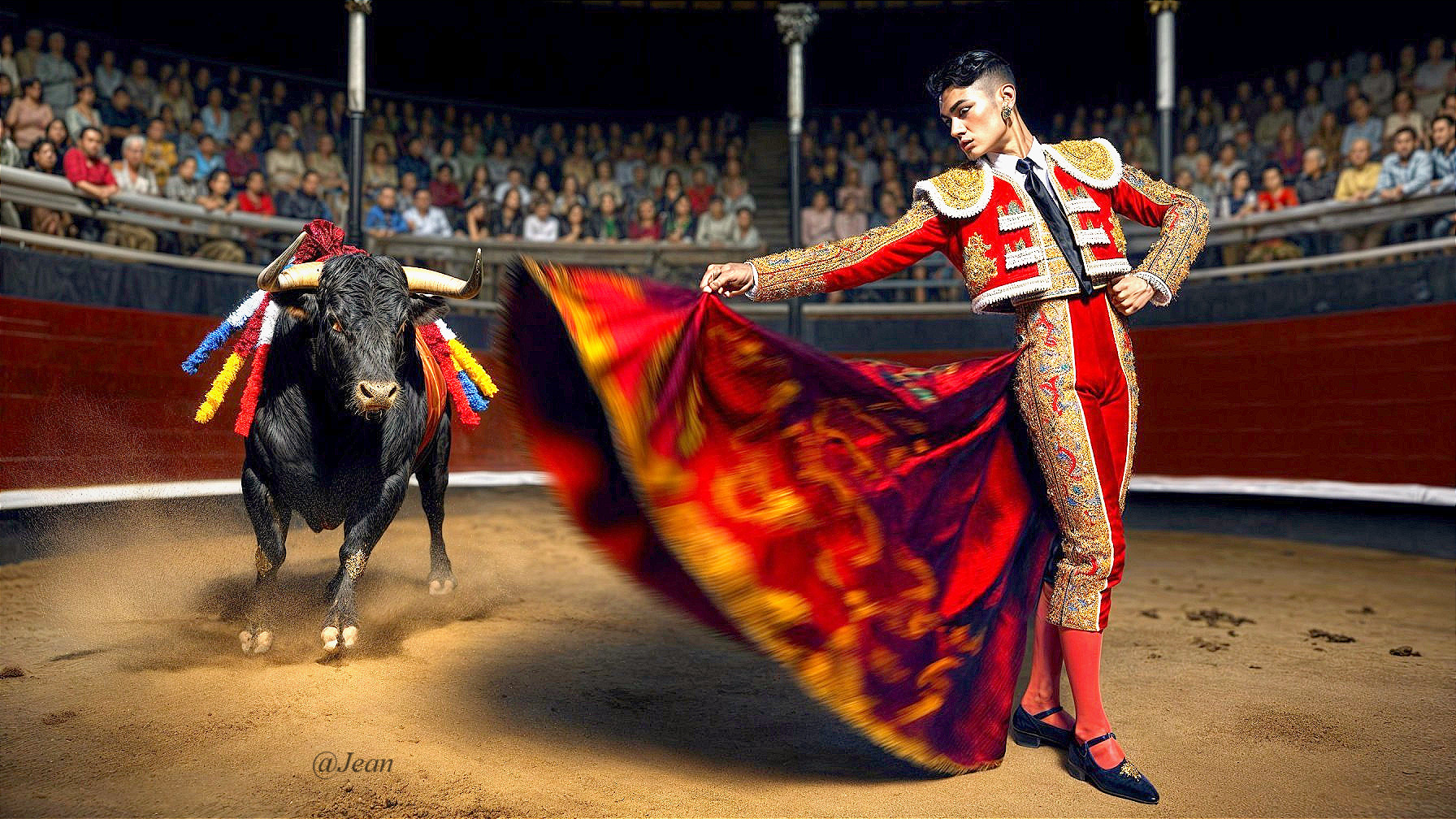 Bullfighting Scene with Matador and Bull in Arena