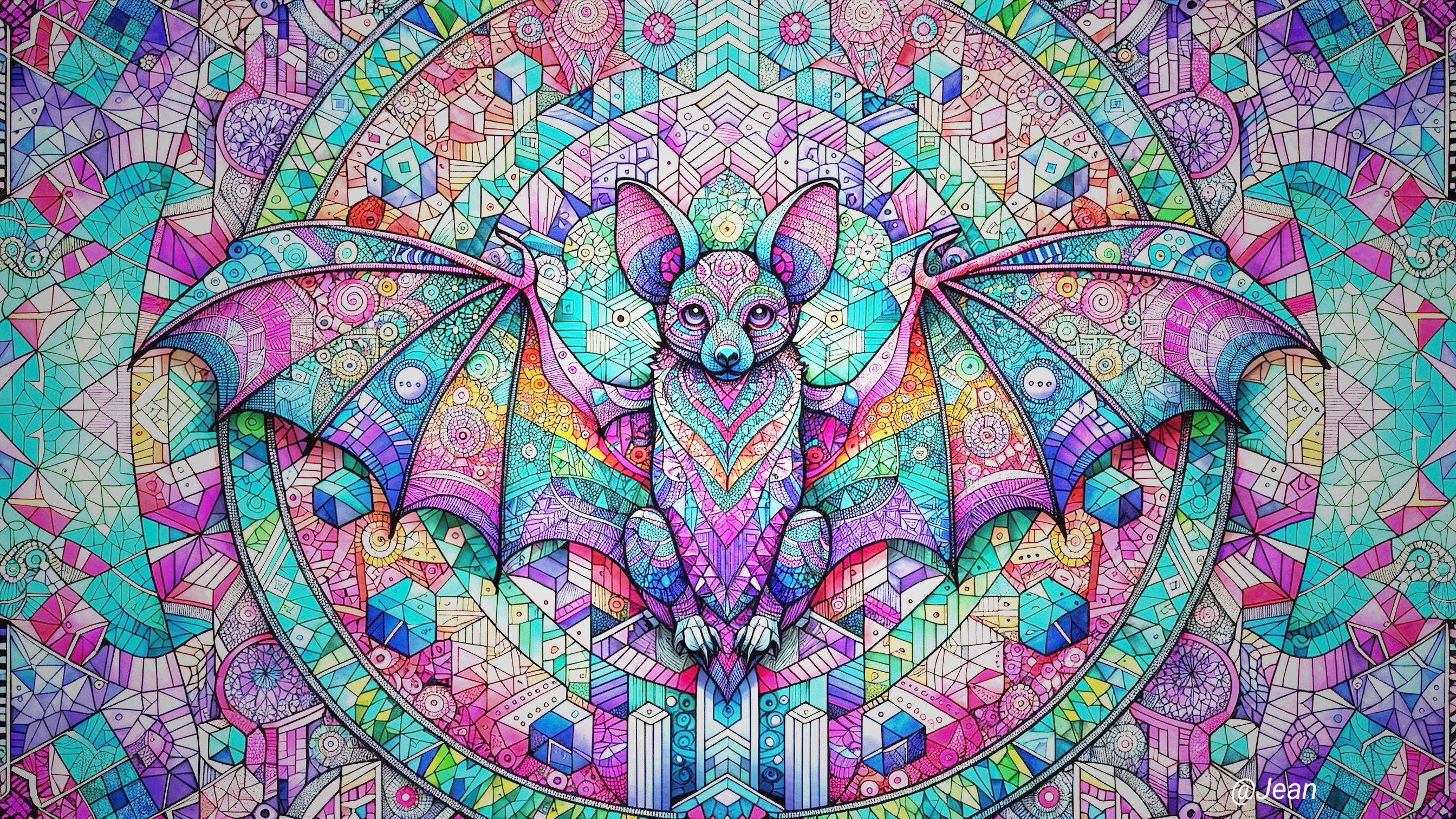 Vibrant Bat Design with Kaleidoscopic Background