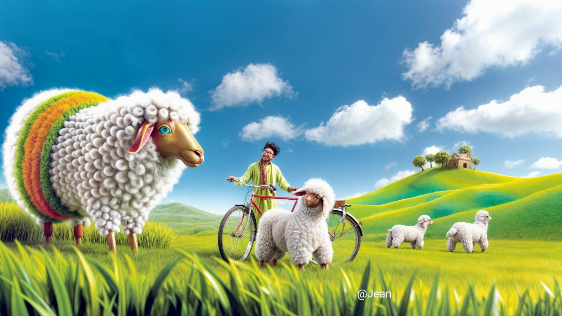 Whimsical Landscape with Colorful Sheep and Sky