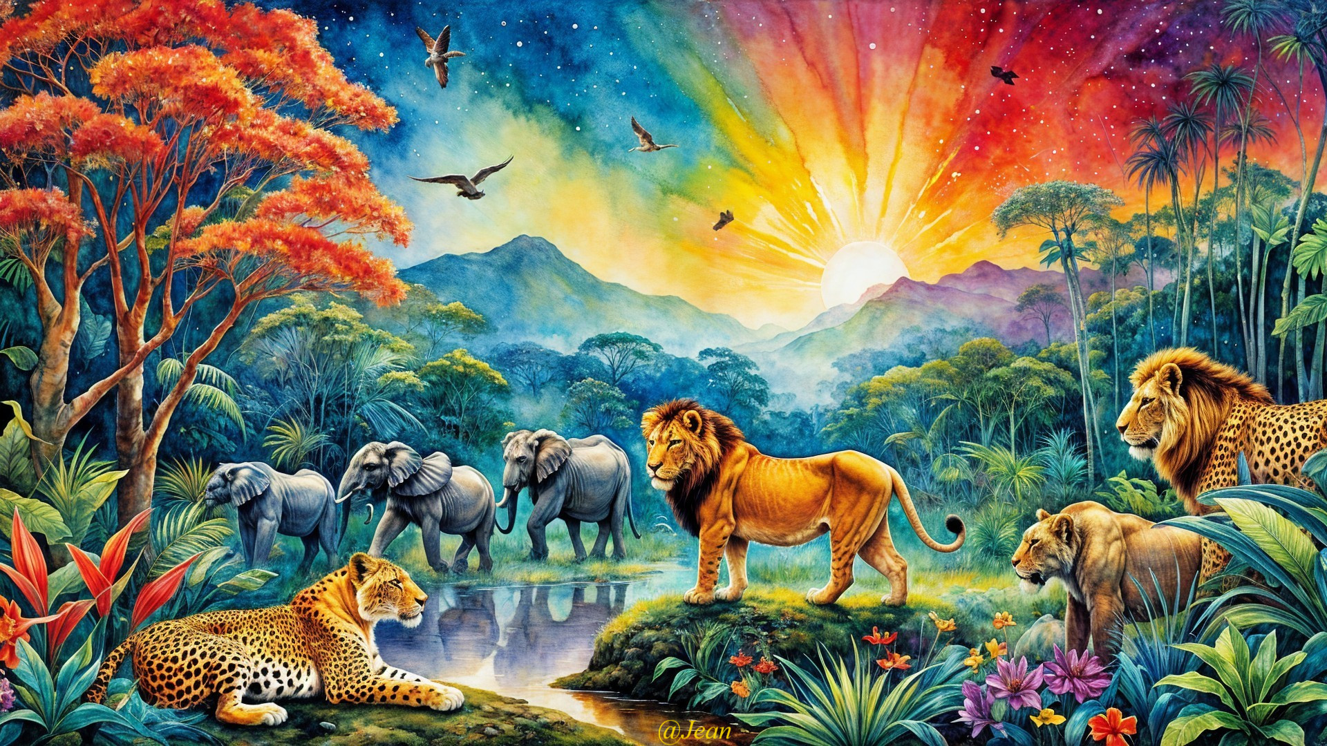Vibrant Jungle Scene with Lions and Elephants