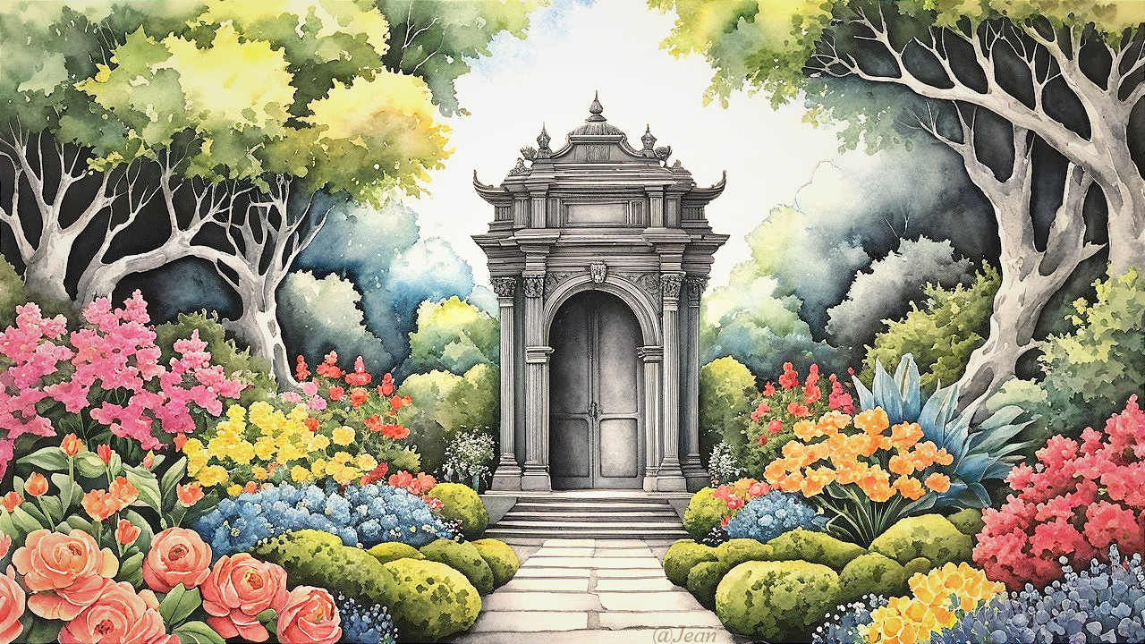 Tranquil garden scene with ornate stone structure
