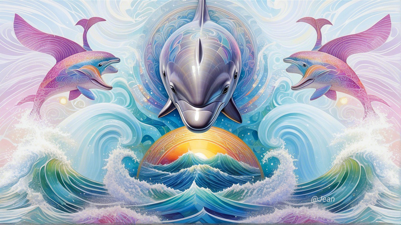 Vibrant Dolphins Leaping Through Swirling Waves at Sunrise