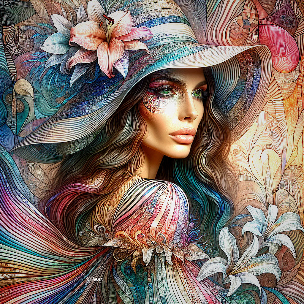 Portrait of a Woman with Colorful Hat and Floral Patterns