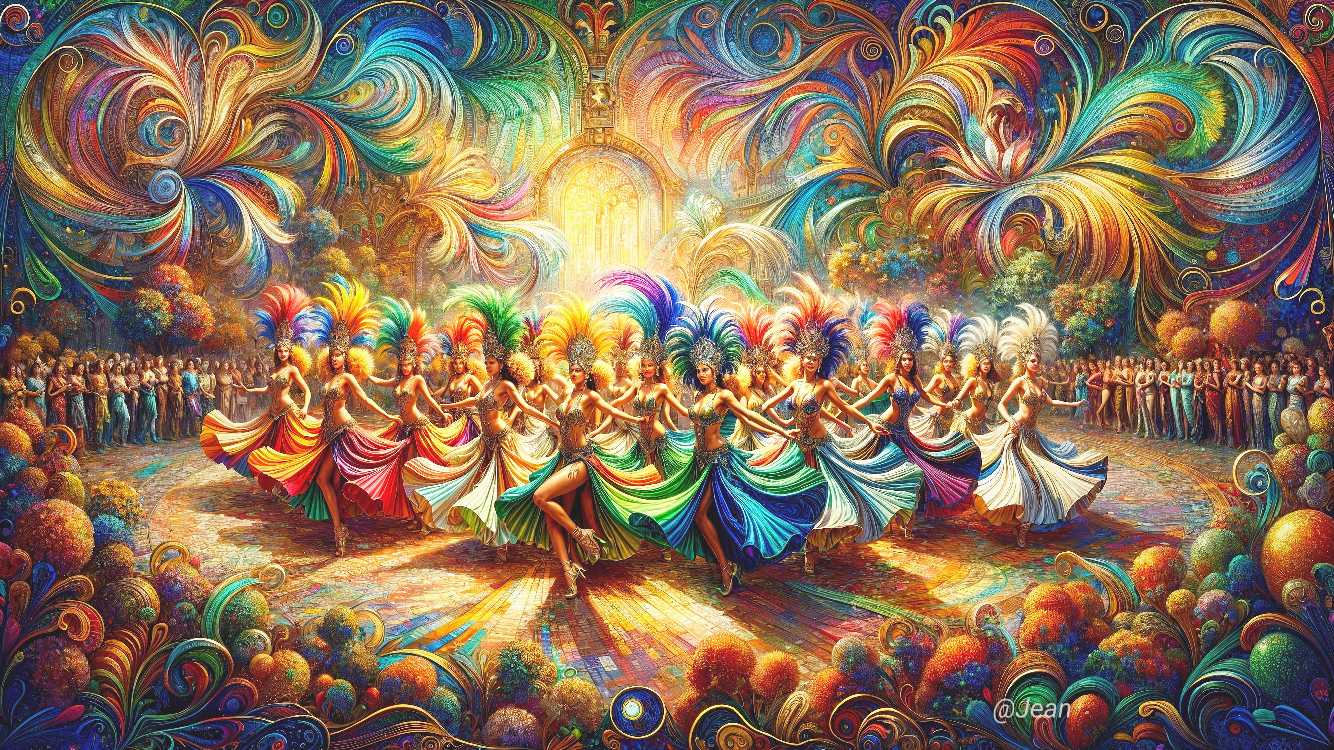 Vibrant Dancers in Colorful Costumes and Swirling Colors