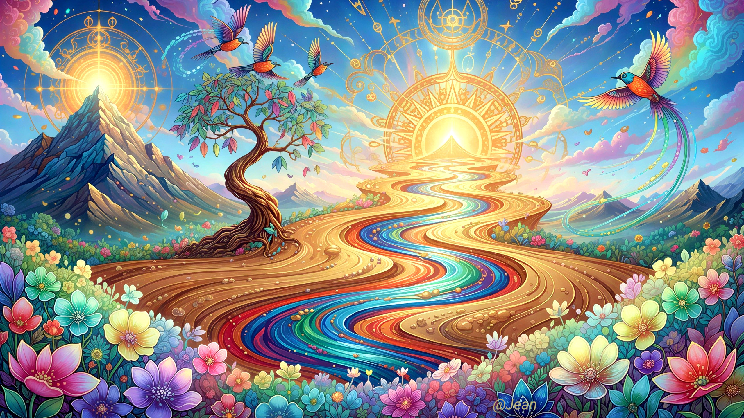 Vibrant Dreamlike Landscape with Celestial Elements