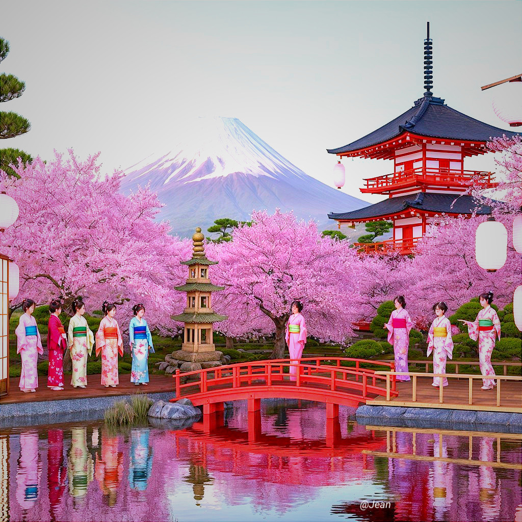Serene Japanese Landscape with Cherry Blossoms and Fuji