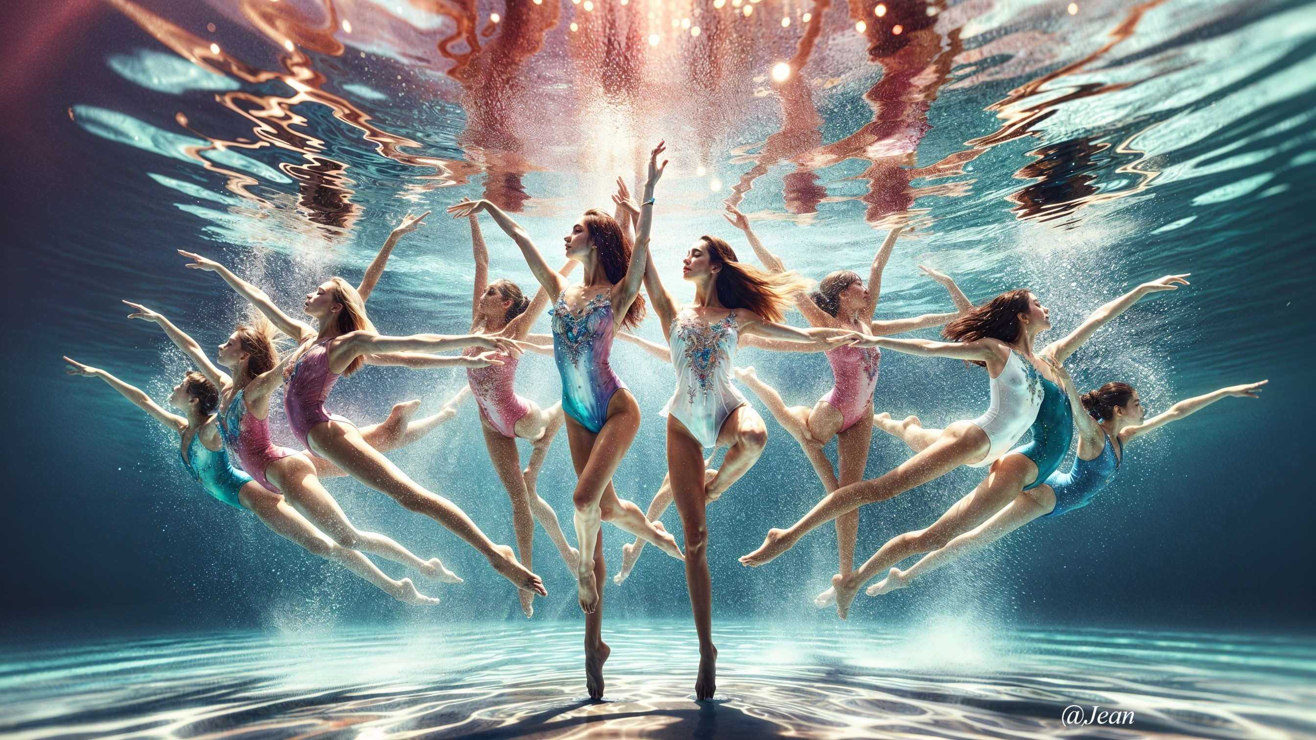Underwater Scene of Synchronized Swimmers Performing