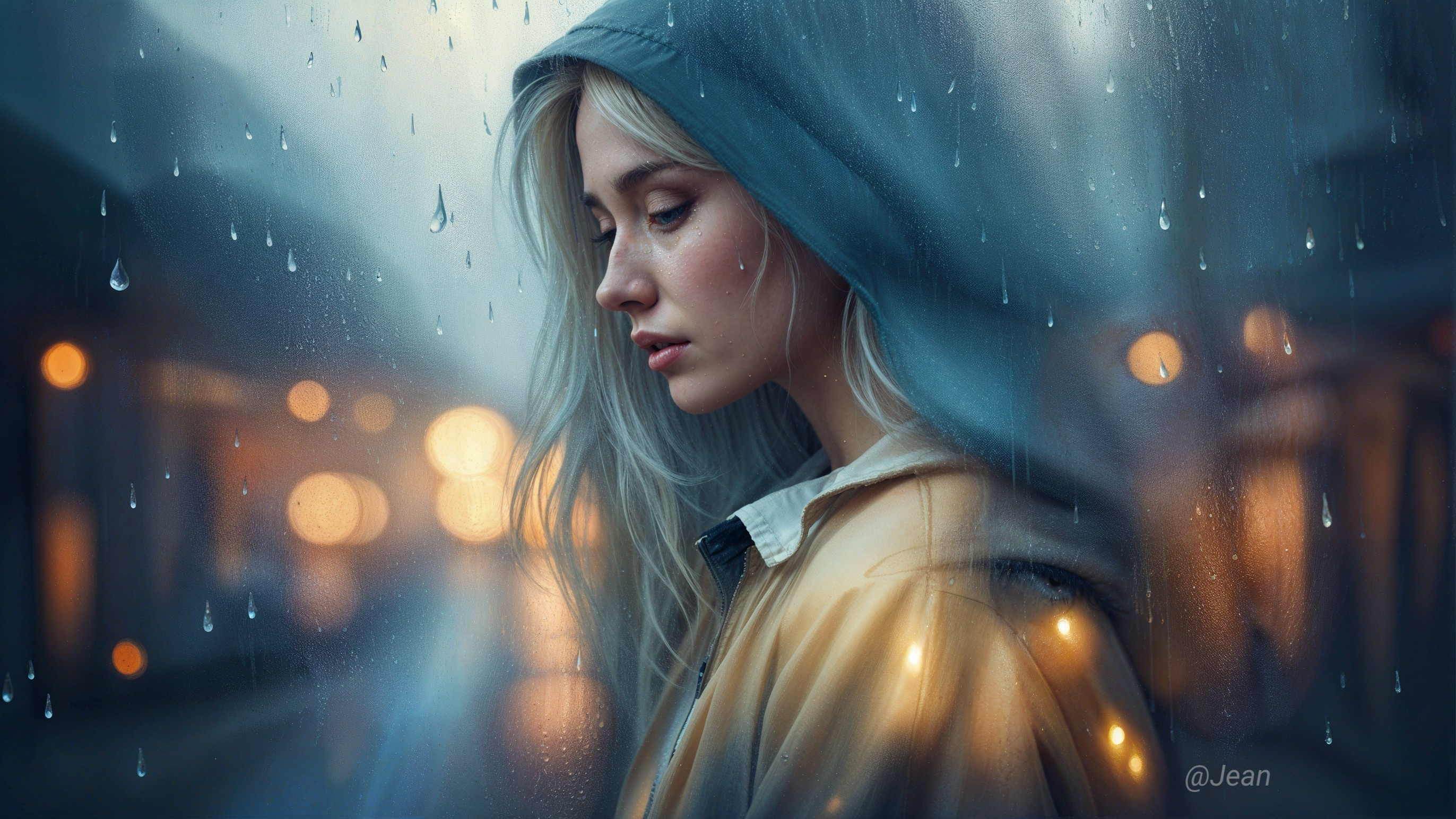 Young Woman in Yellow Raincoat on Rainy Street