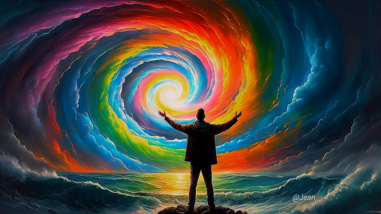 Vibrant Colors and Figure on Rocky Shoreline