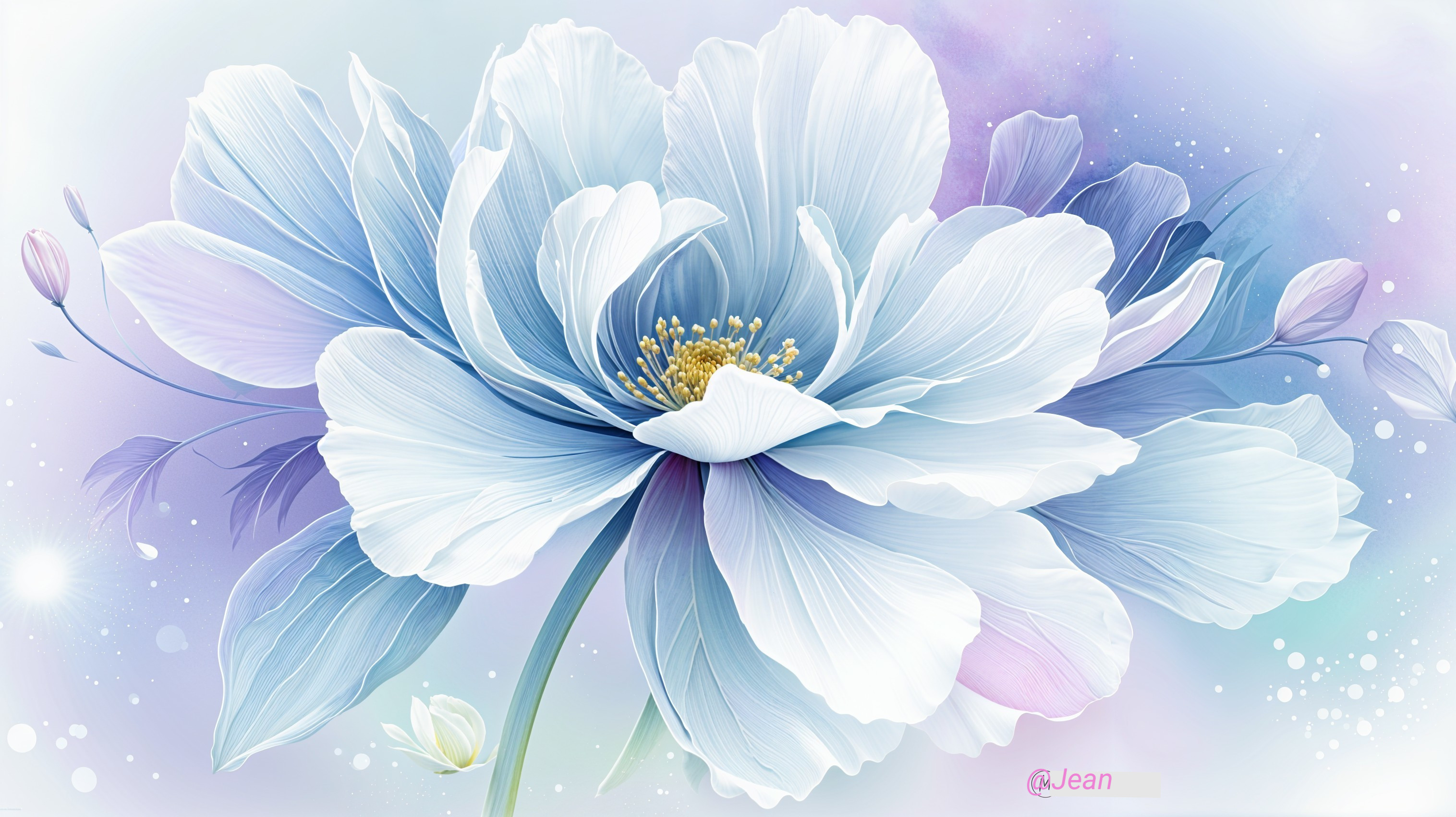 Large Delicate Flower Illustration with Blue and White Petals