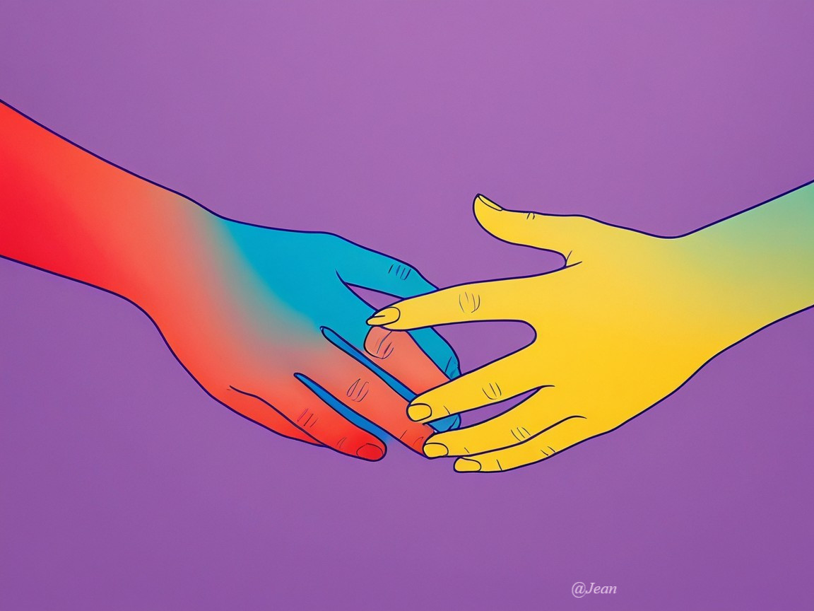 Stylized Hands in Colorful Unity on Purple Background