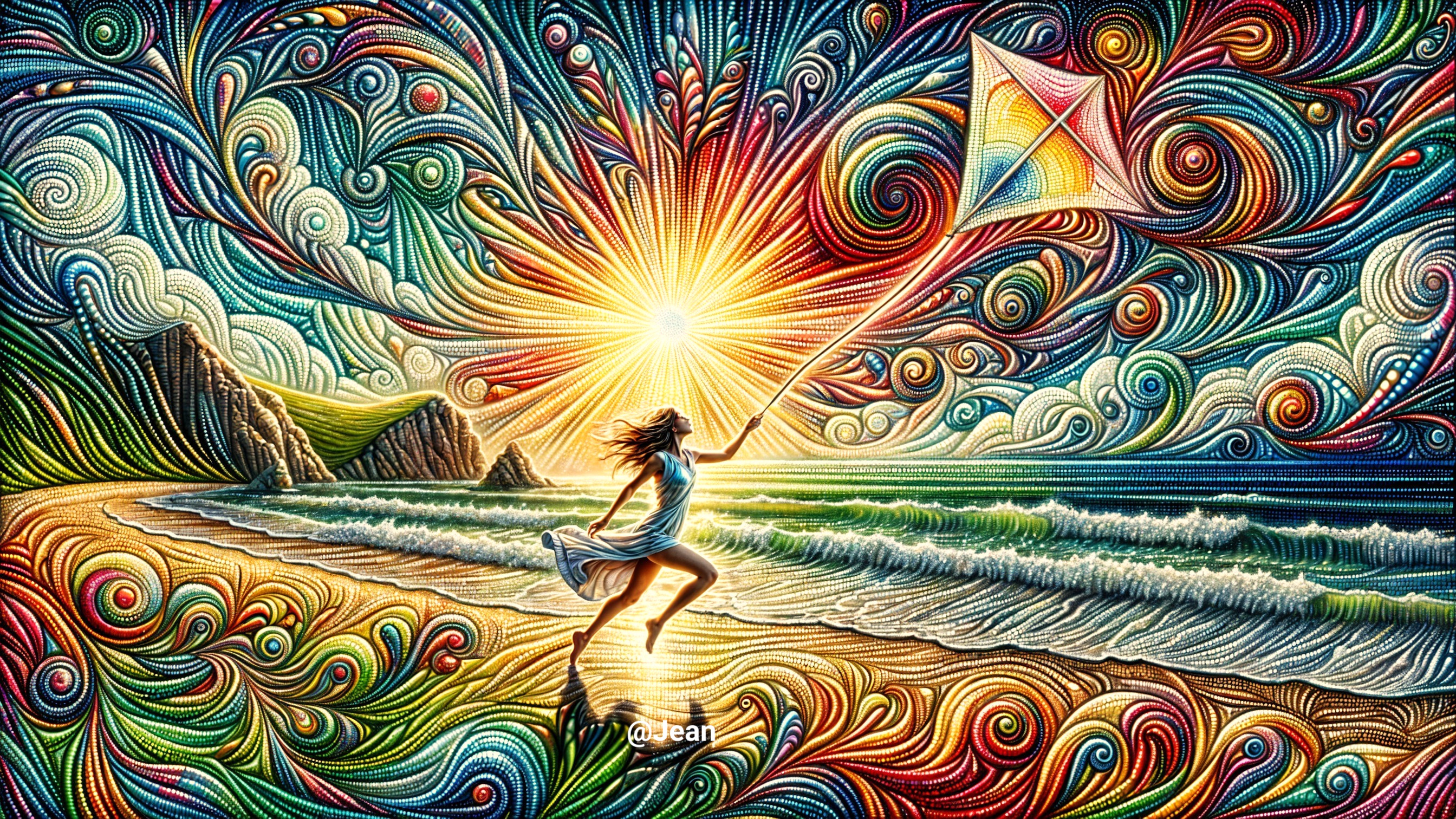 Vibrant Beach Scene with Joyful Figure and Kite