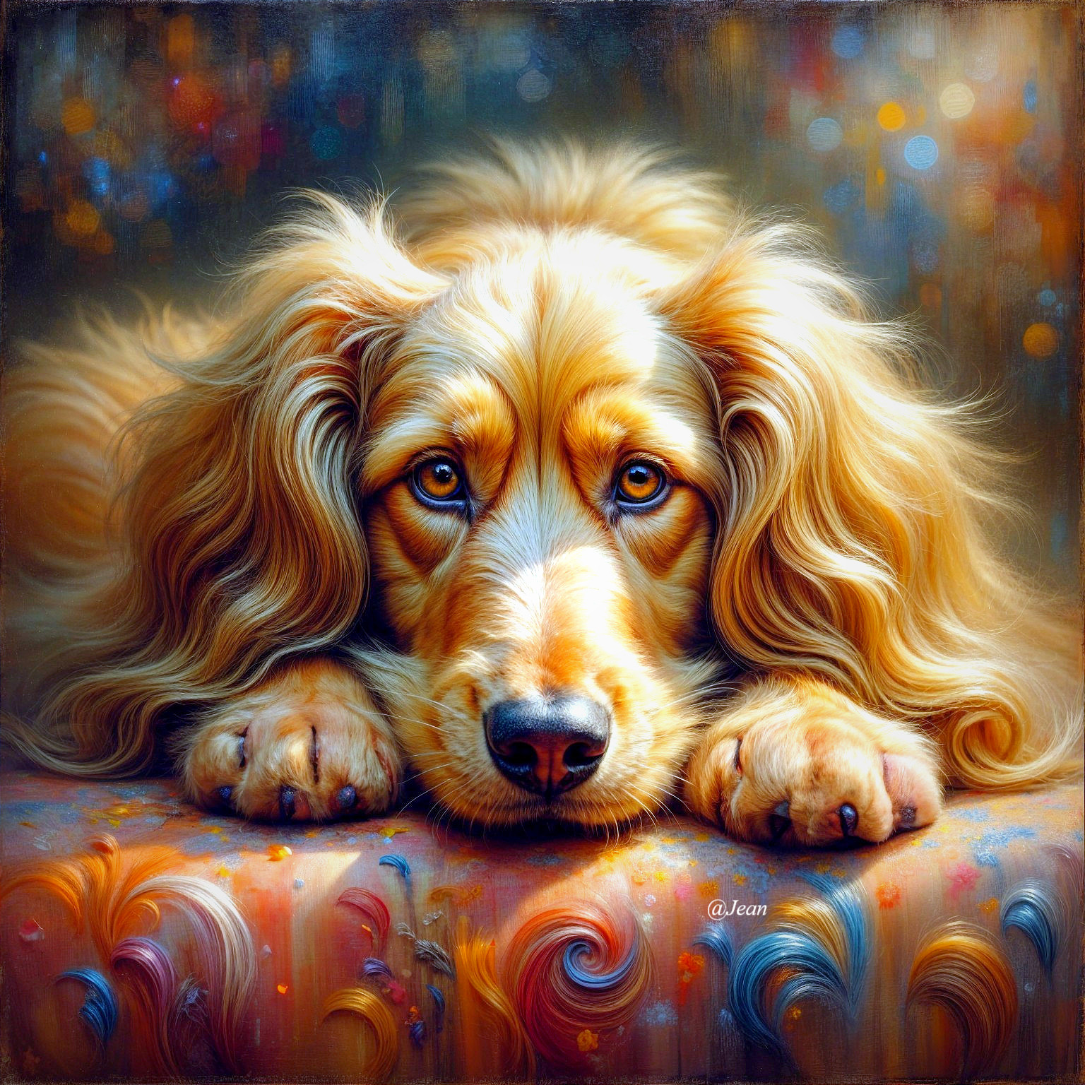 Fluffy golden dog resting on a colorful surface