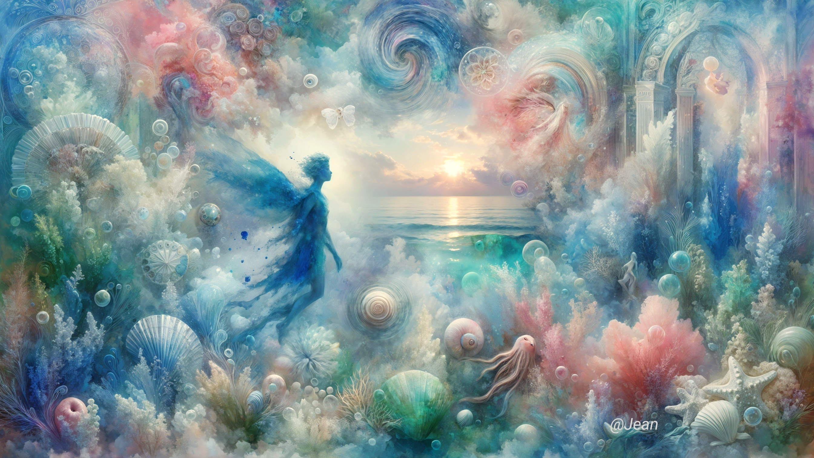 Whimsical Ocean Scene with Ethereal Colors and Wings