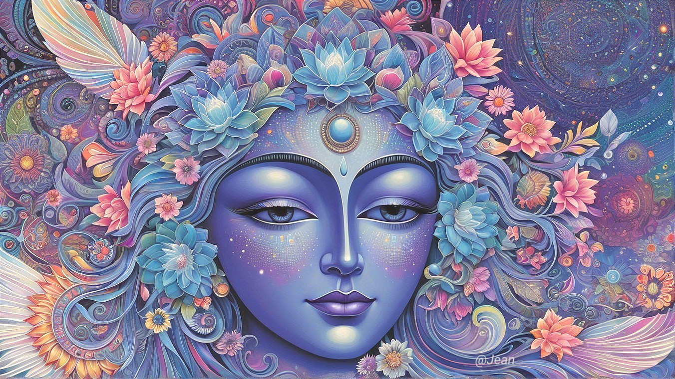Ethereal Face with Floral Patterns in Cosmic Scene