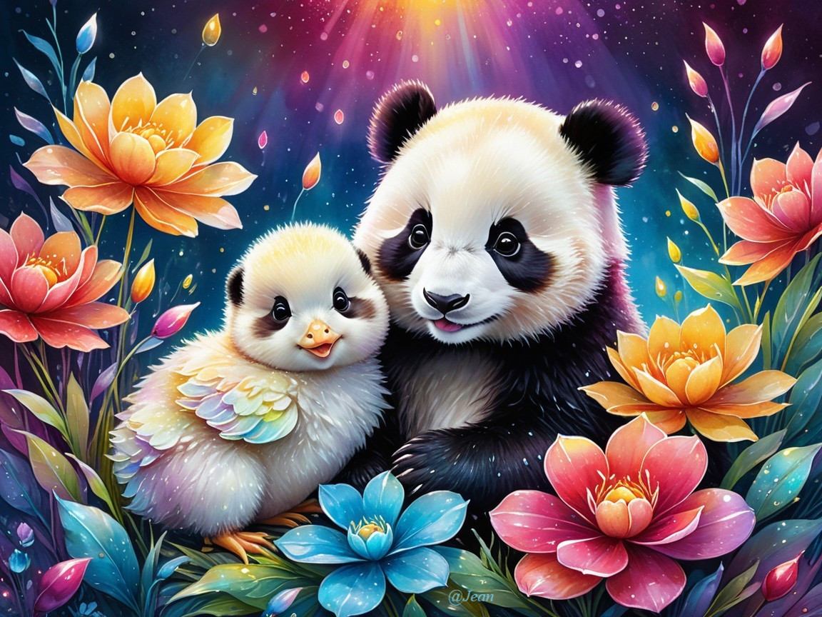 Whimsical Panda and Duckling Amidst Colorful Flowers