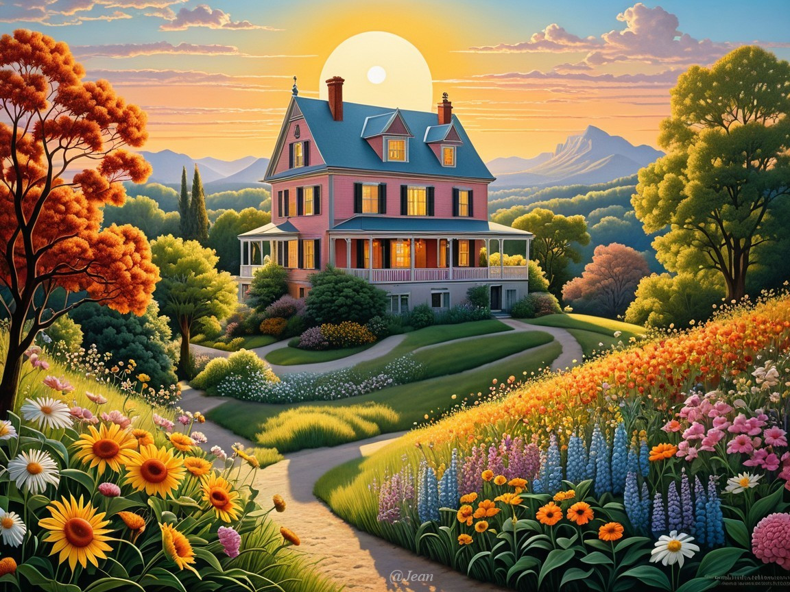 Charming Pink House Amidst Colorful Gardens and Mountains