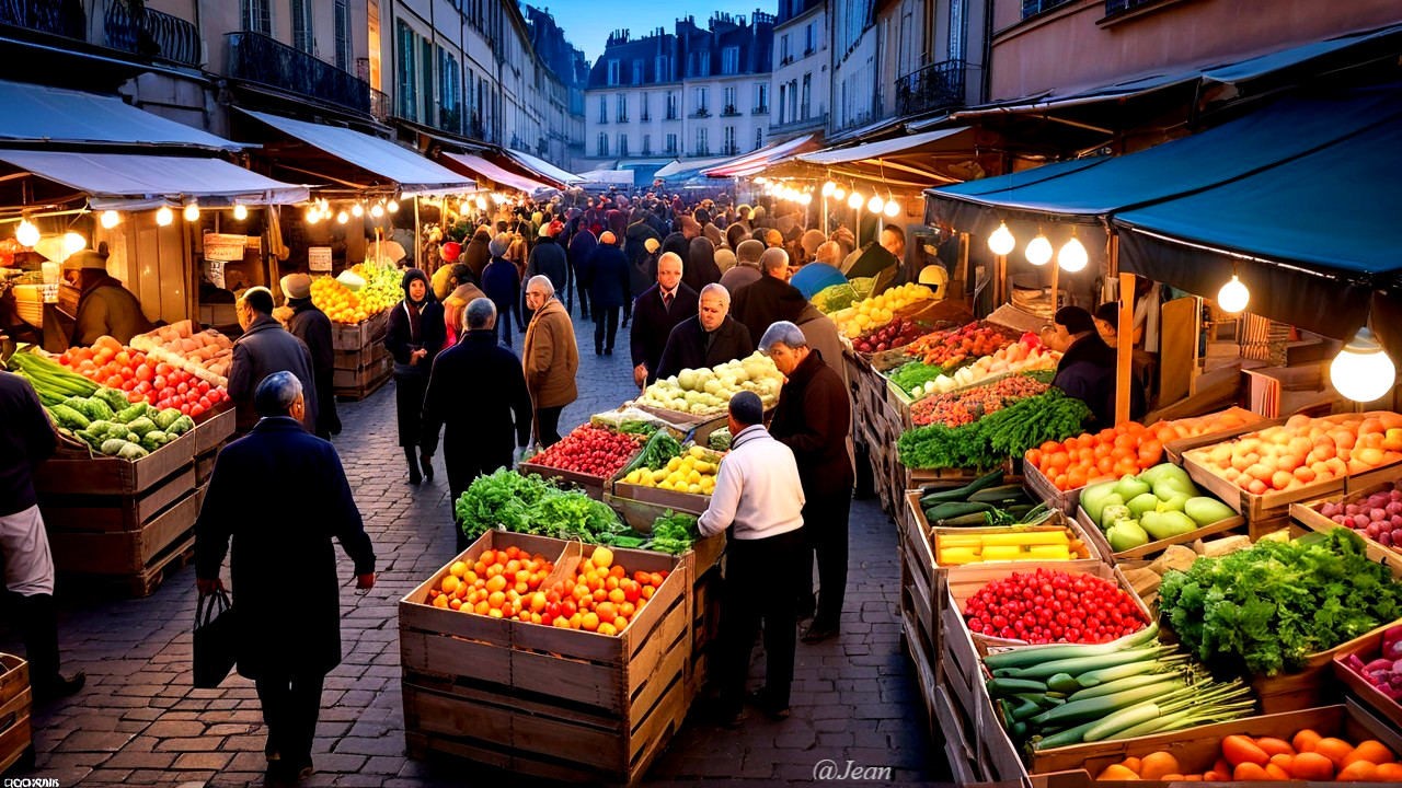 Open-Air Market at Dusk with Colorful Stalls