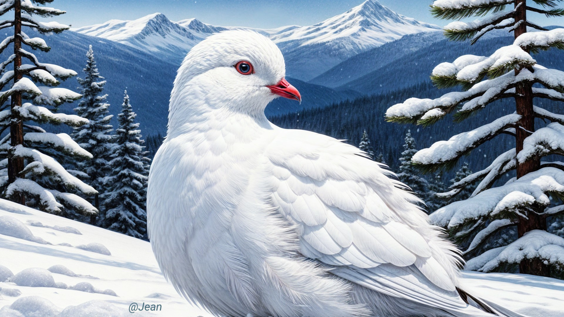 Close-Up of White Bird in Snowy Mountain Landscape