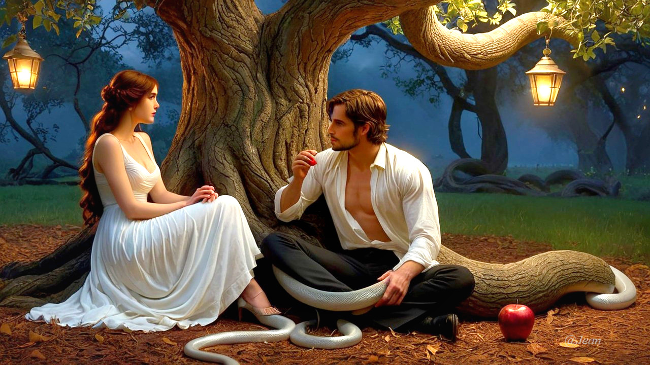 Mystical forest scene with woman, man, and snake
