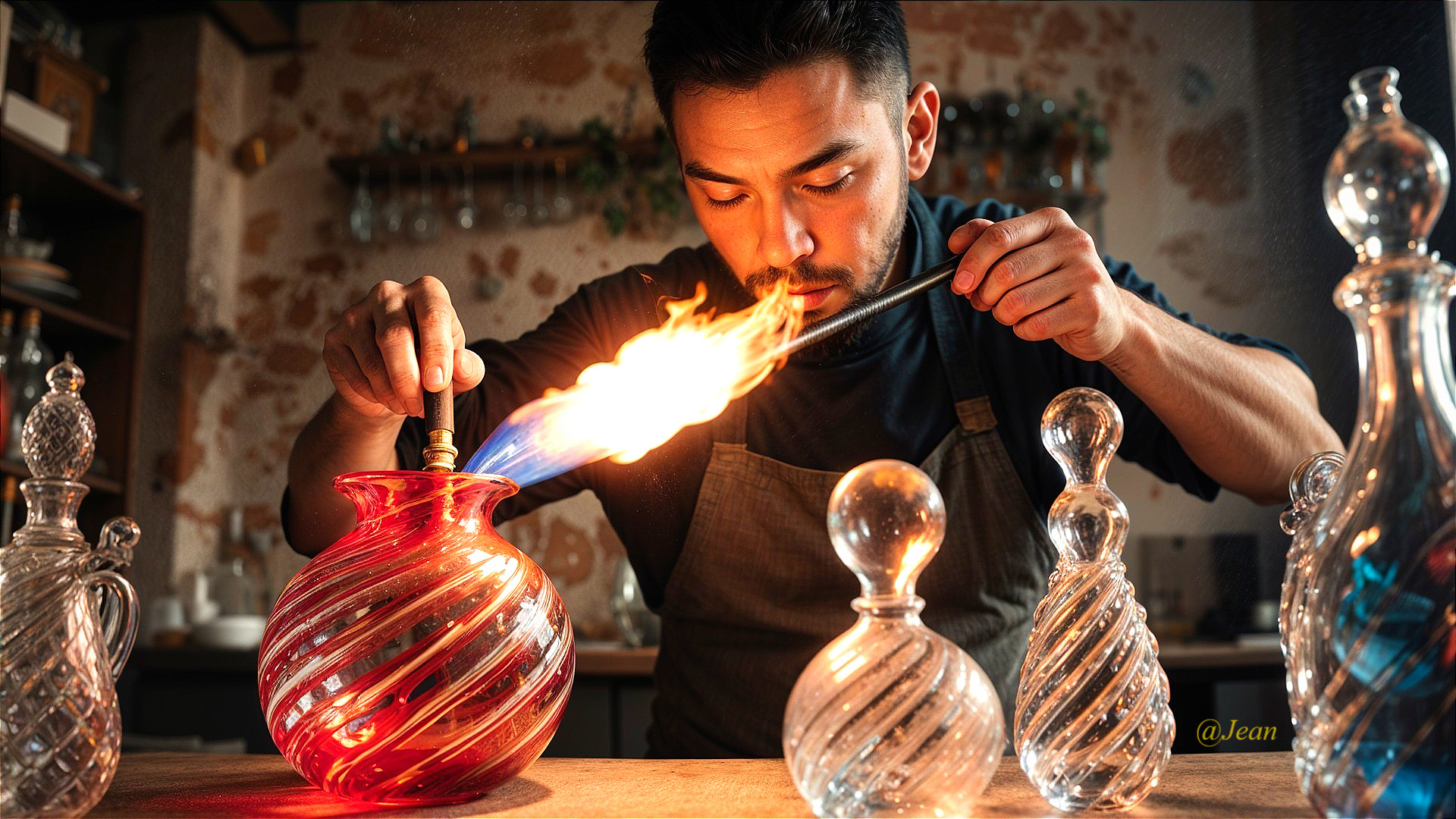 Artisan Crafts Vibrant Red Glass Vase in Rustic Workshop