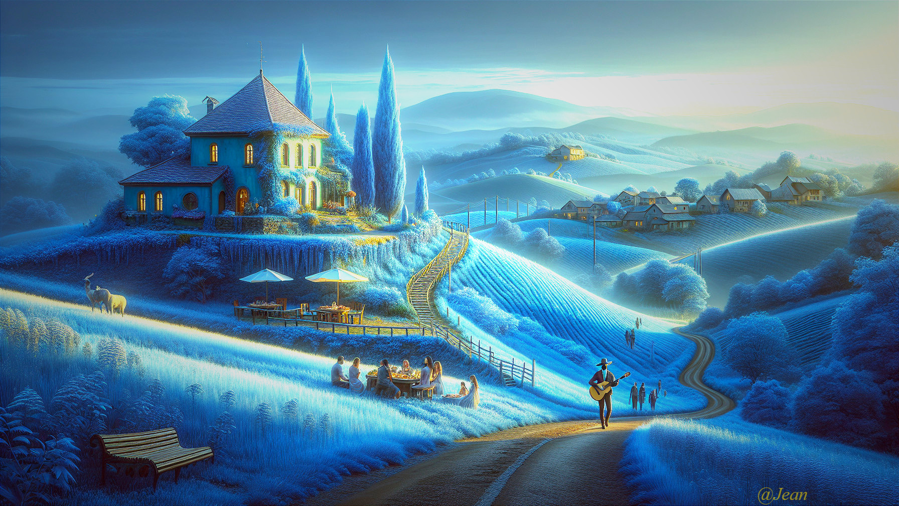 Serene Landscape with Charming House and Musician
