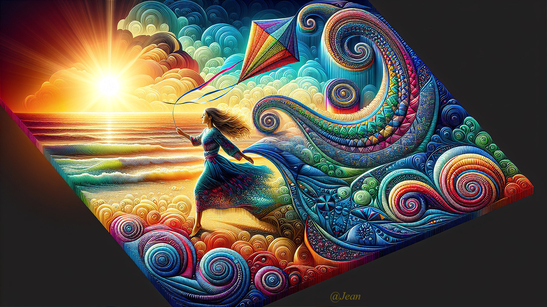 Surreal Beach Scene with Colorful Kite and Waves