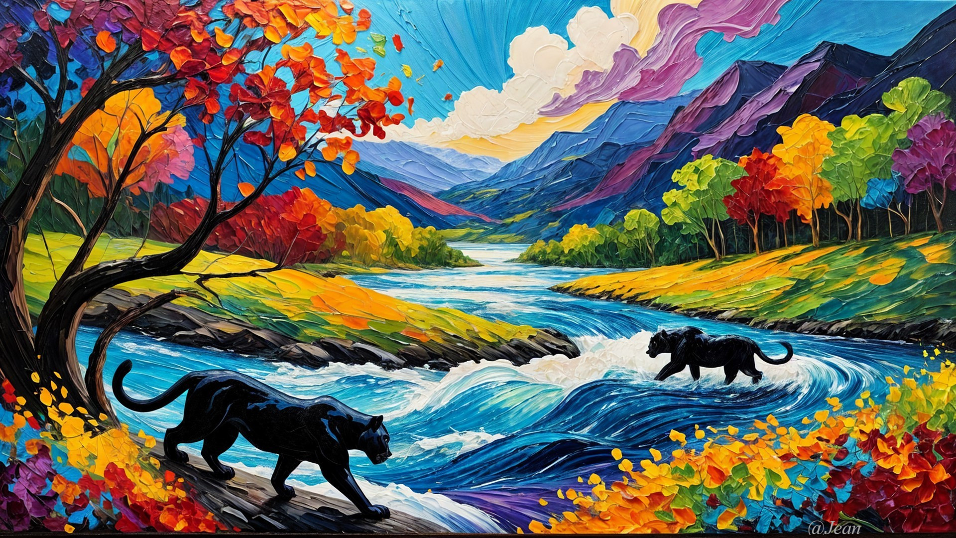 Vibrant landscape with panthers and autumn colors