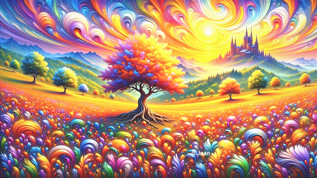 Vibrant Landscape with Majestic Tree and Castle