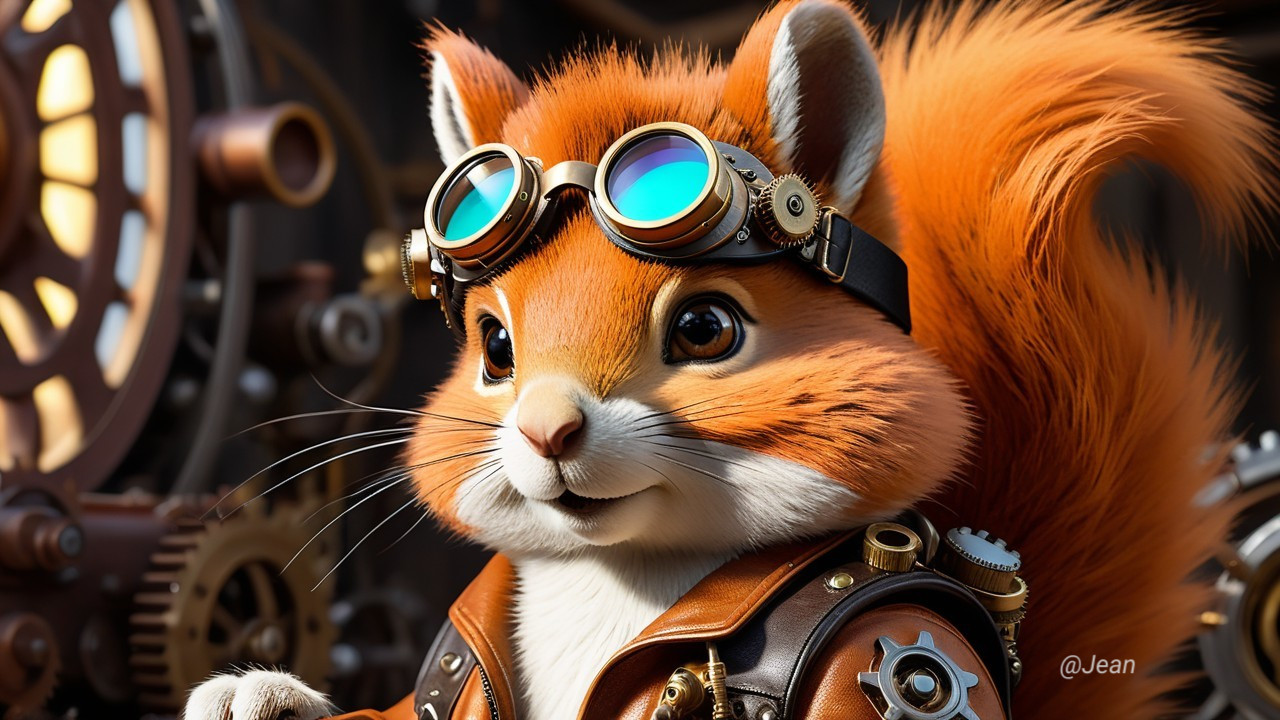 Anthropomorphic squirrel in steampunk attire and setting