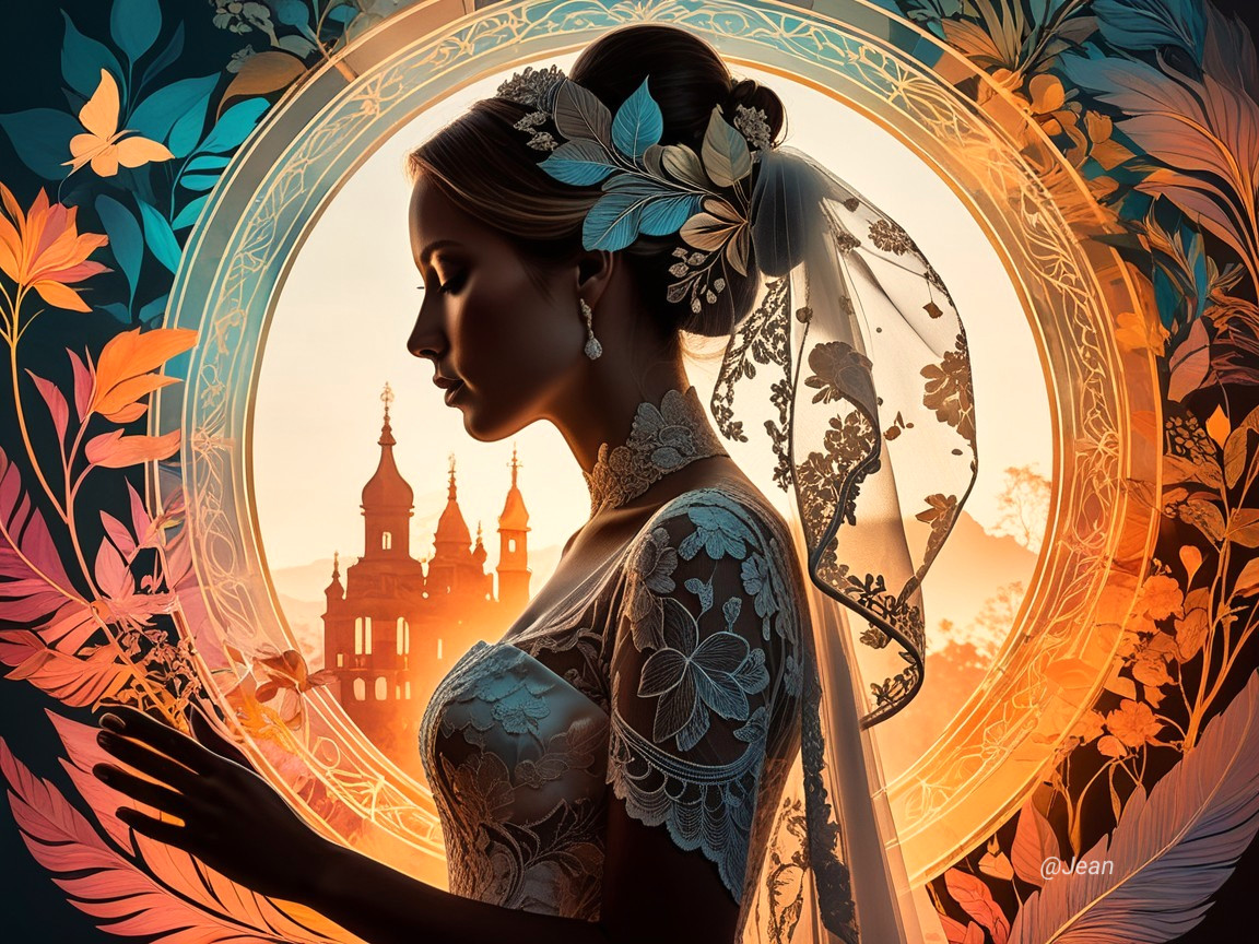 Bride Silhouette Against Sunset with Floral Designs