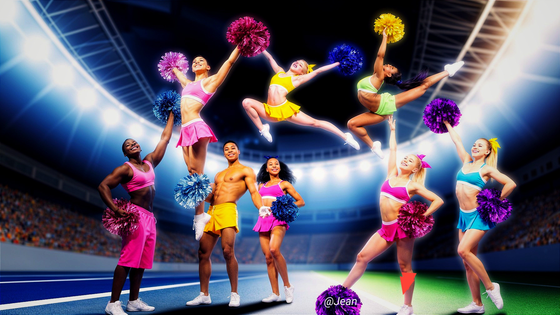 Cheerleading Squad Performs Dynamic Routine in Stadium