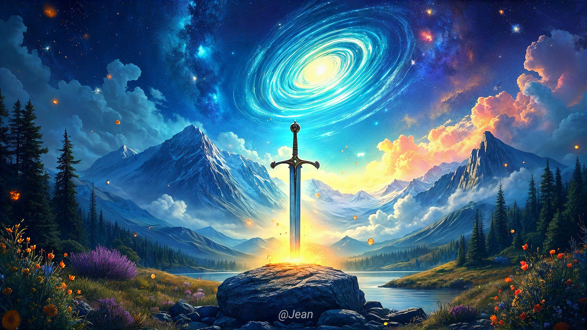Majestic Landscape with Mountains and Glowing Sword