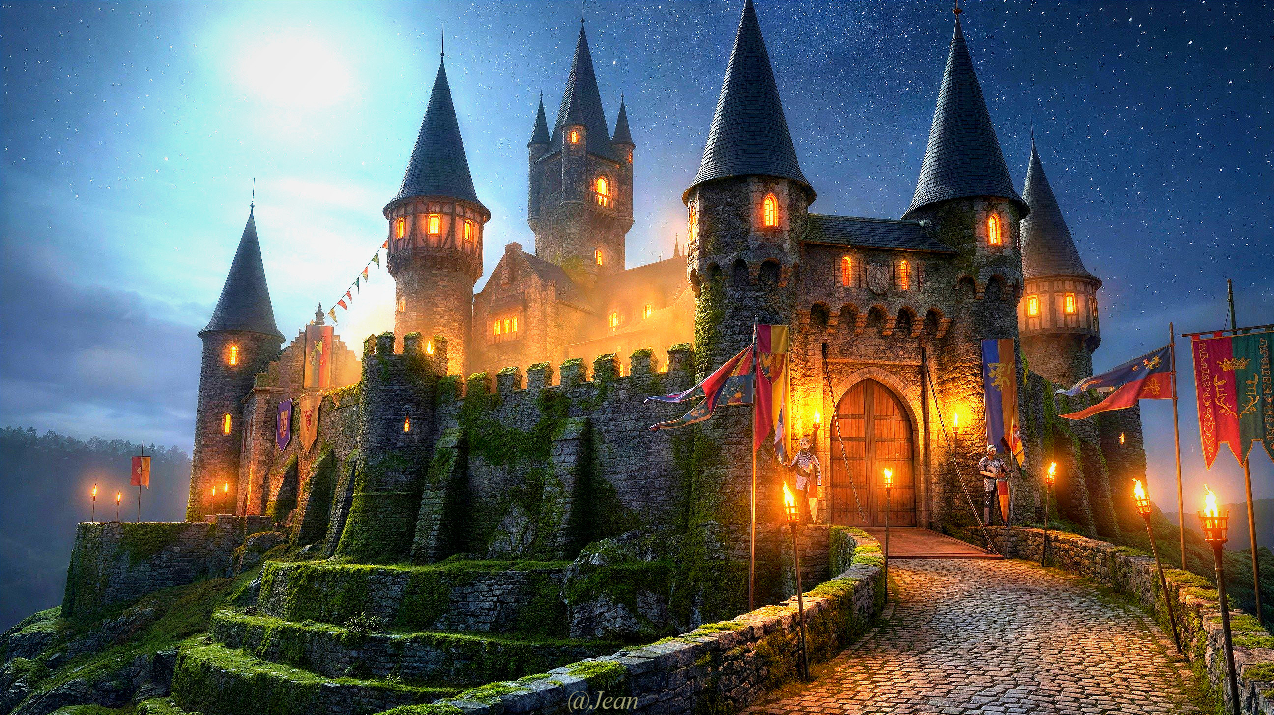 Illuminated Medieval Castle at Night with Knights