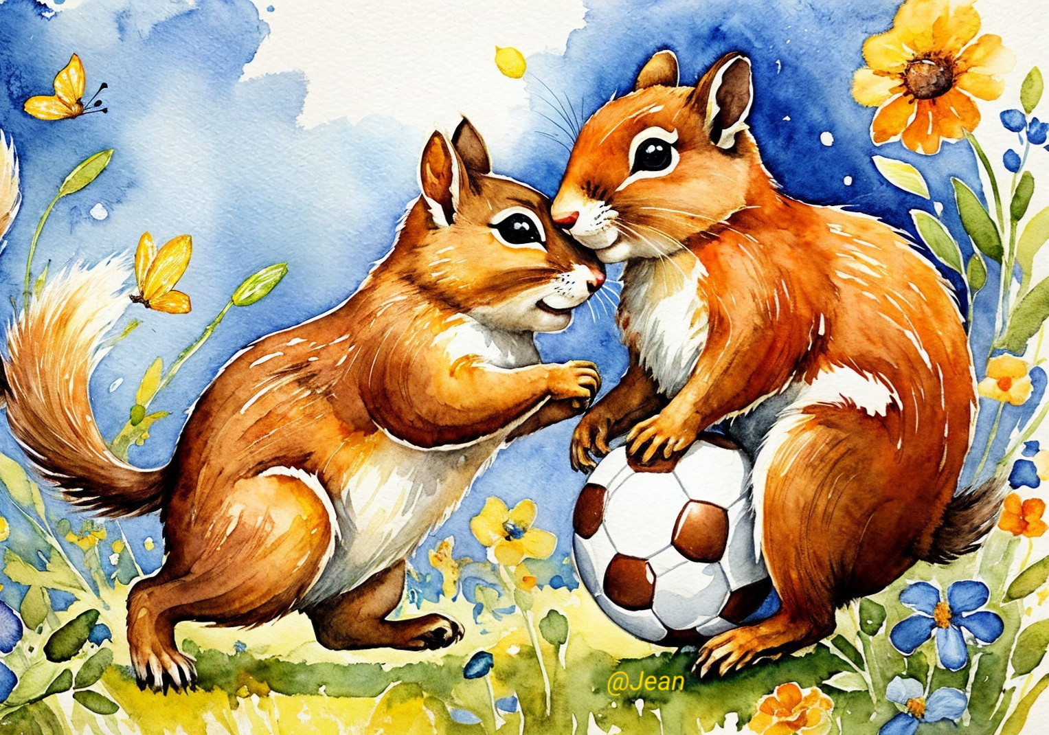 Stylized squirrels in a vibrant watercolor scene
