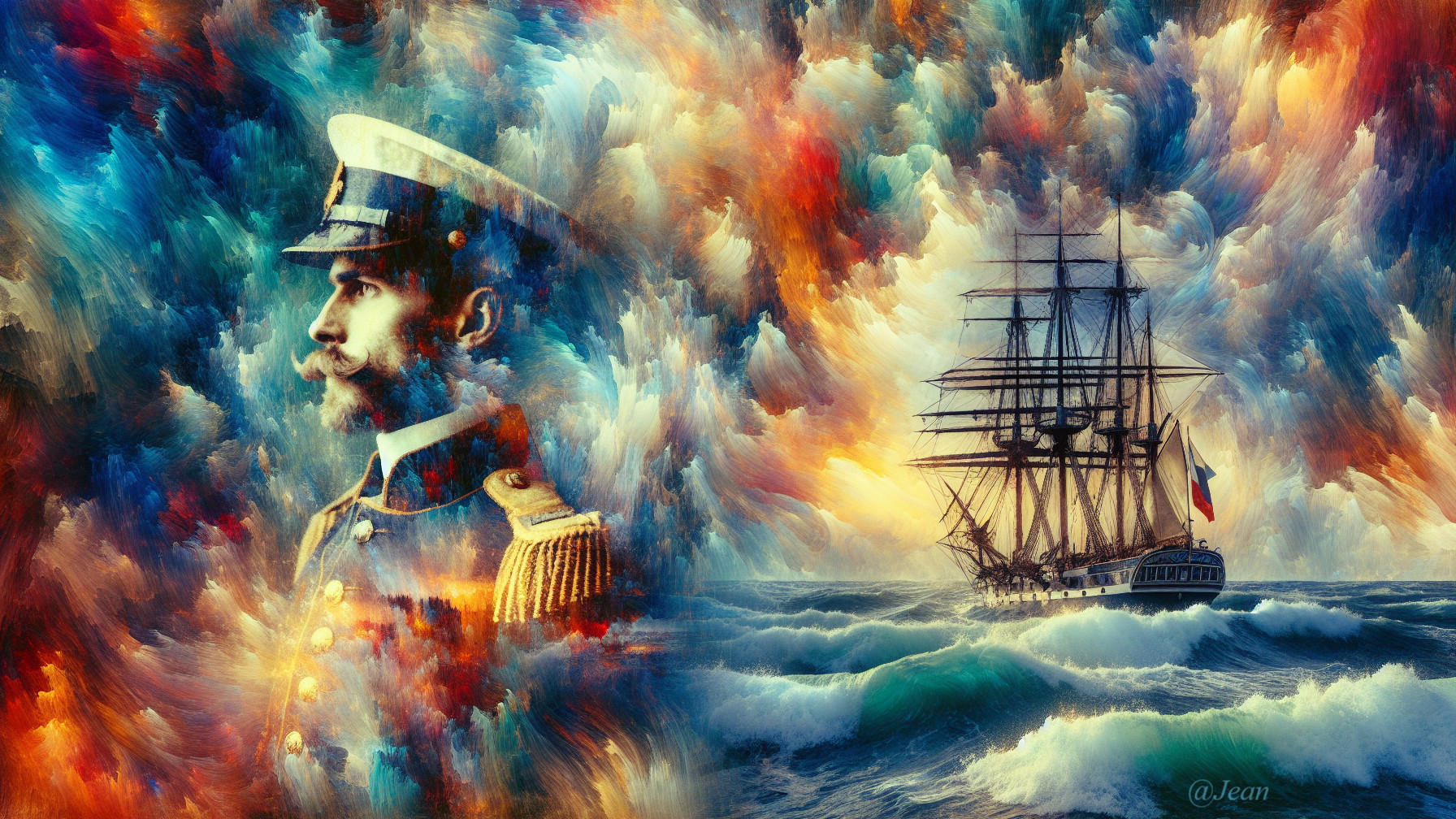 Vibrant Clouds and Naval Officer with Sailing Ship