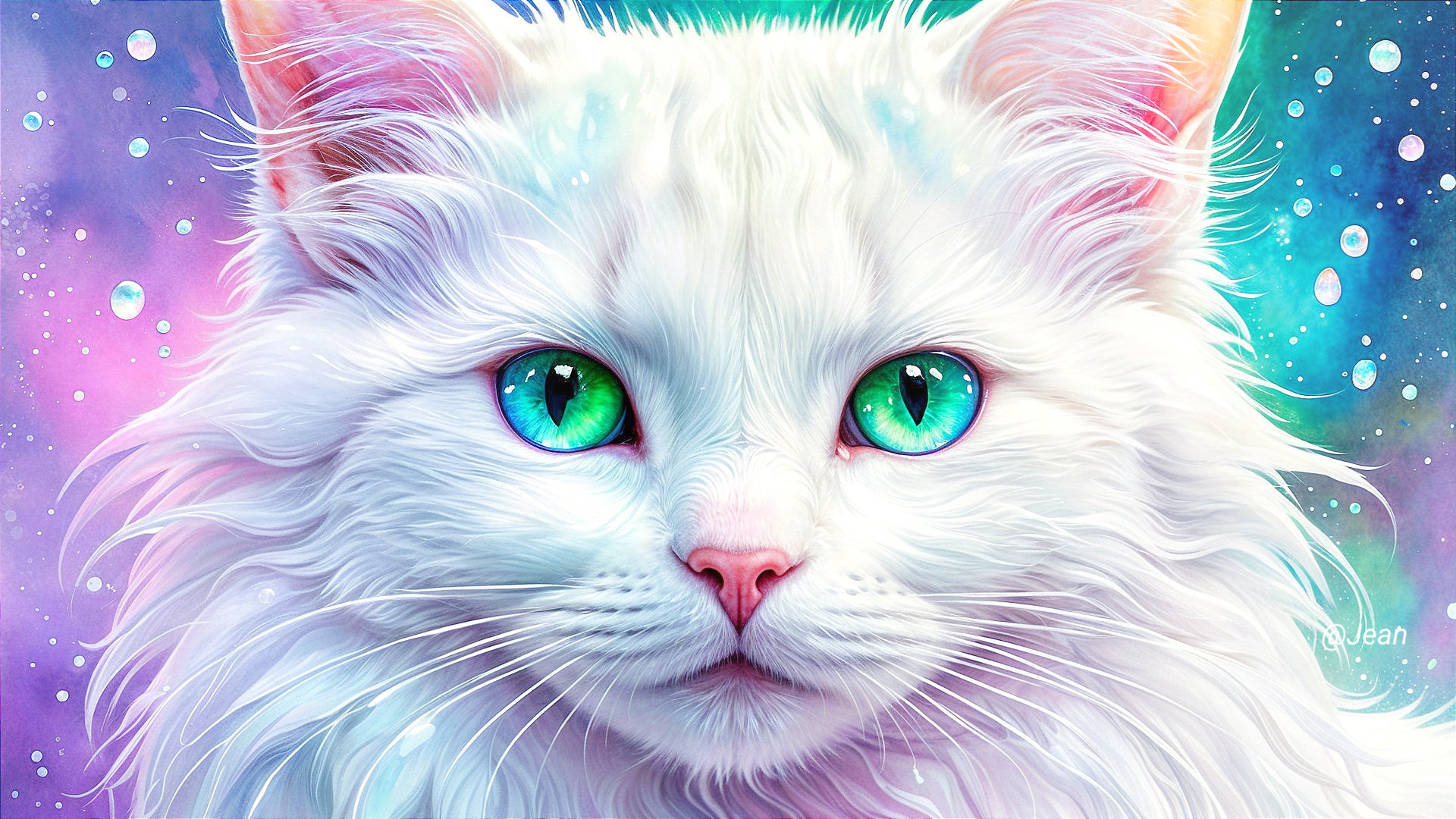 Close-up of a white cat with turquoise eyes and colorful background