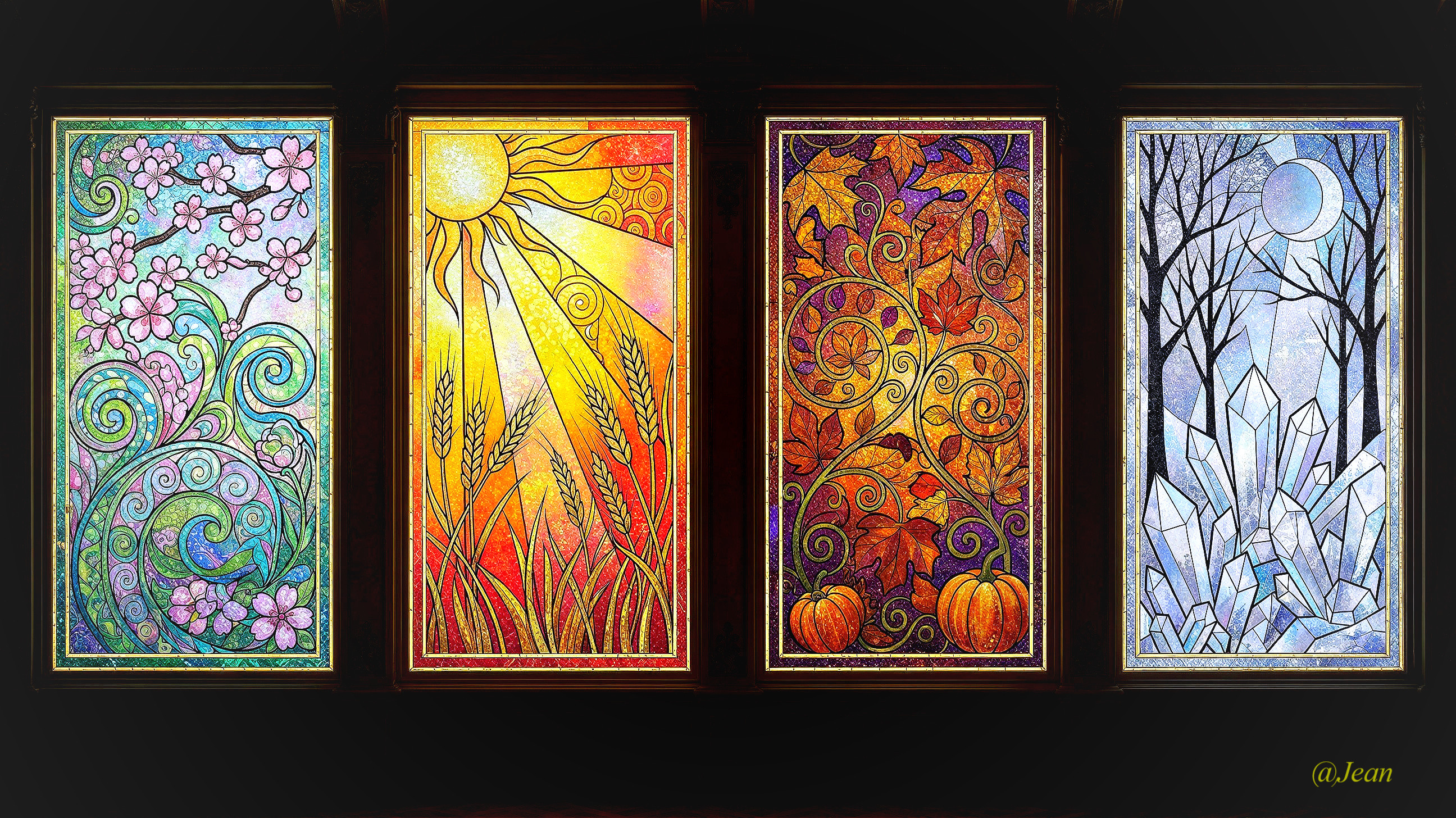 Stained-Glass Artwork Depicting Four Seasons Panels