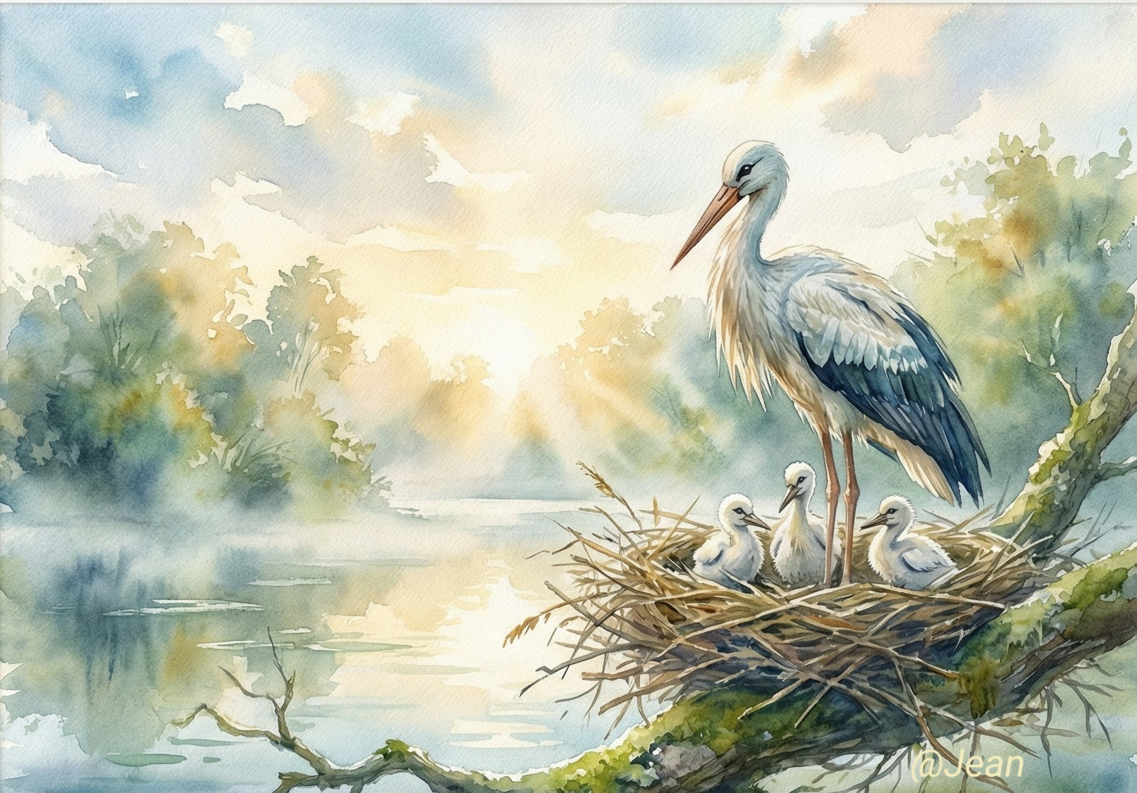 Watercolor of Mother Stork and Three Baby Storks